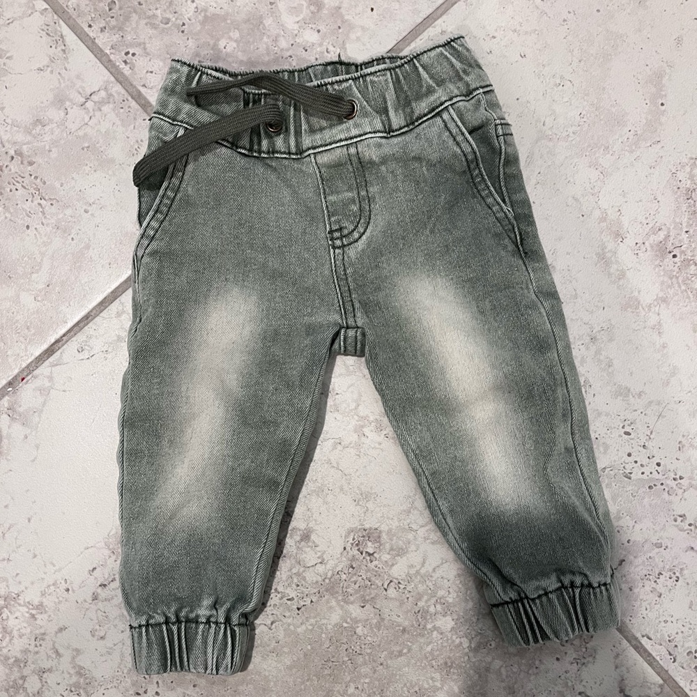 Little Bipsy green denim joggers in 3-6 months